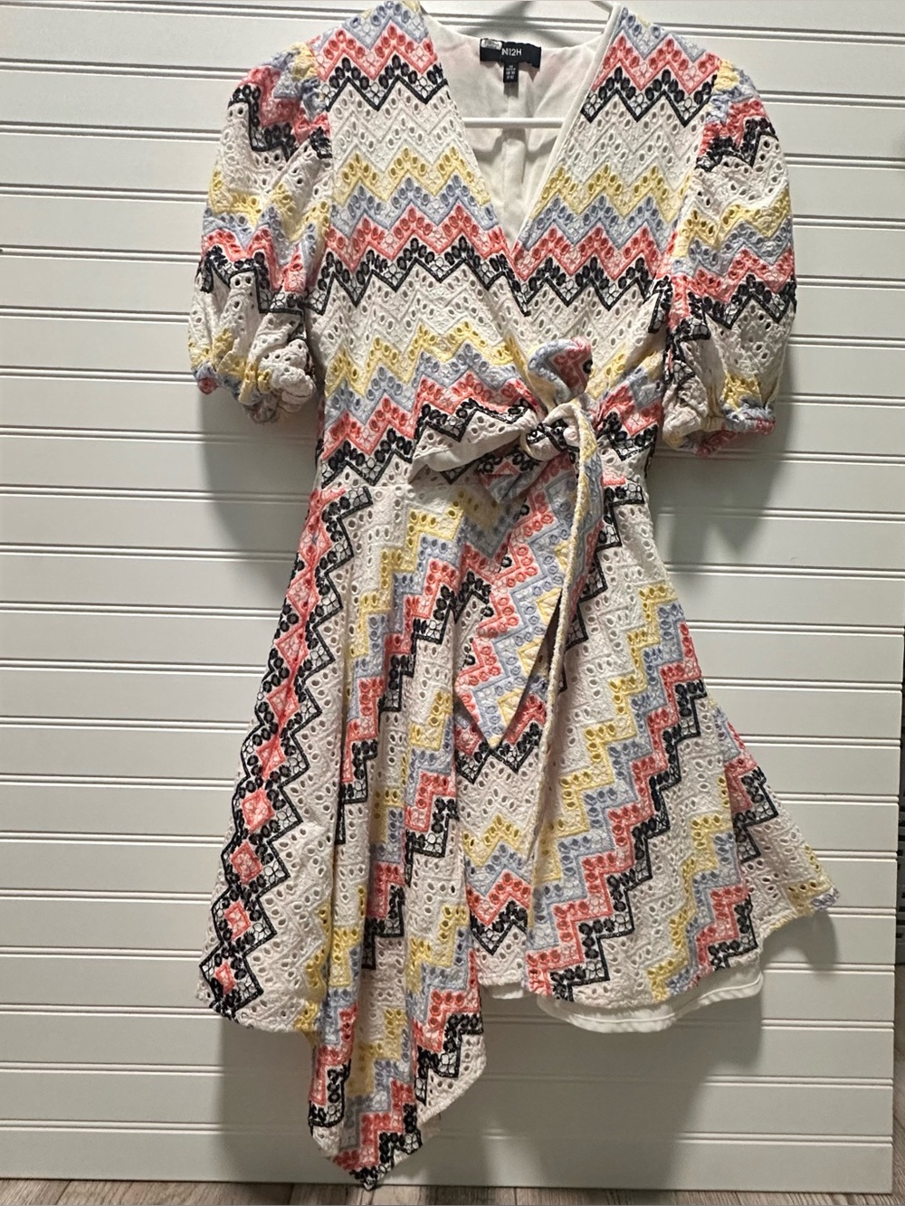 Eyelet Zigzag Wrap Dress in White with Coral, Yellow & Black -